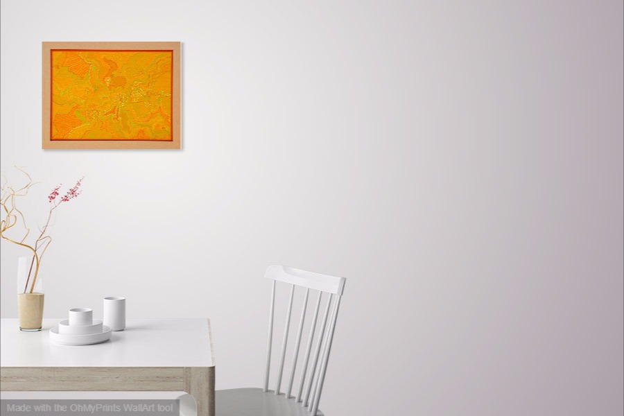 tangerine Australian art original abstract dot painting framed on wall