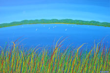 gone sailing water view across the lake with boats contemporary painting