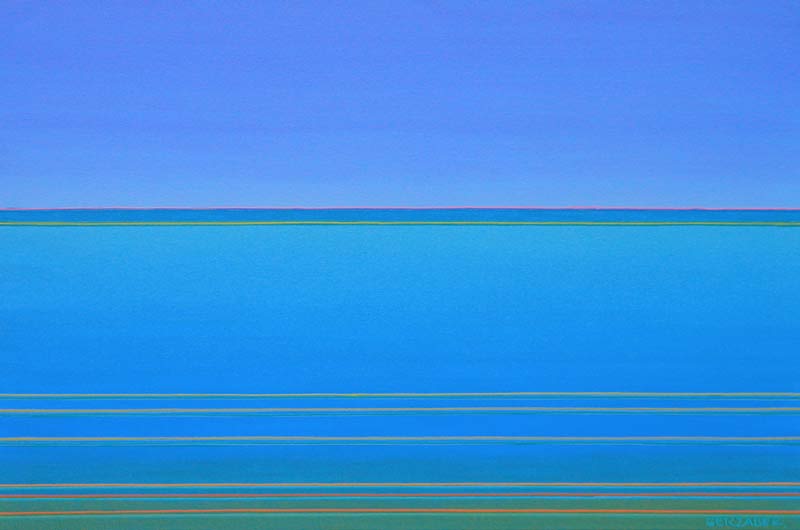 waterside spectrum shift blue and green sescape painting by the seaside