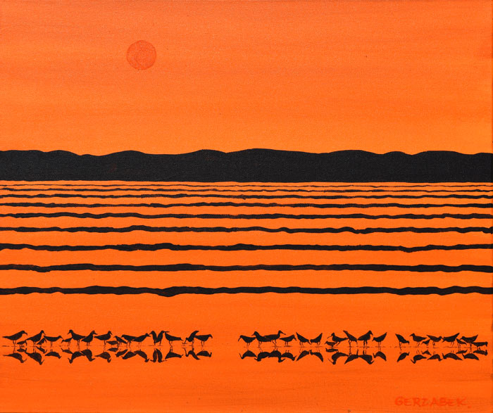 orange sunset with wading birds decorative original painting