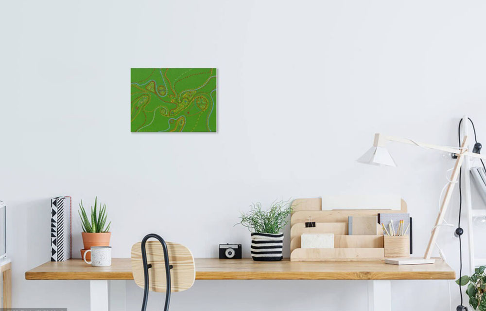 on wall image of green abstract painting with dots and curvy lines