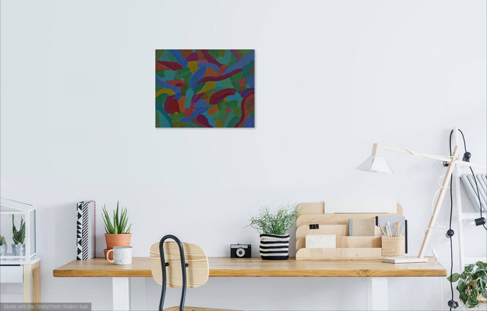 on wall image of abstract original multi-coloured patterns painting