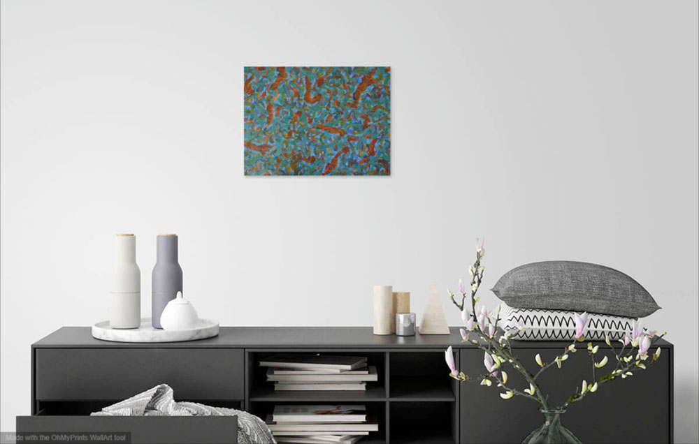 on wall image of original abstract painting multi-coloured patterns