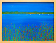 sailing water view across the lake with boats contemporary painting